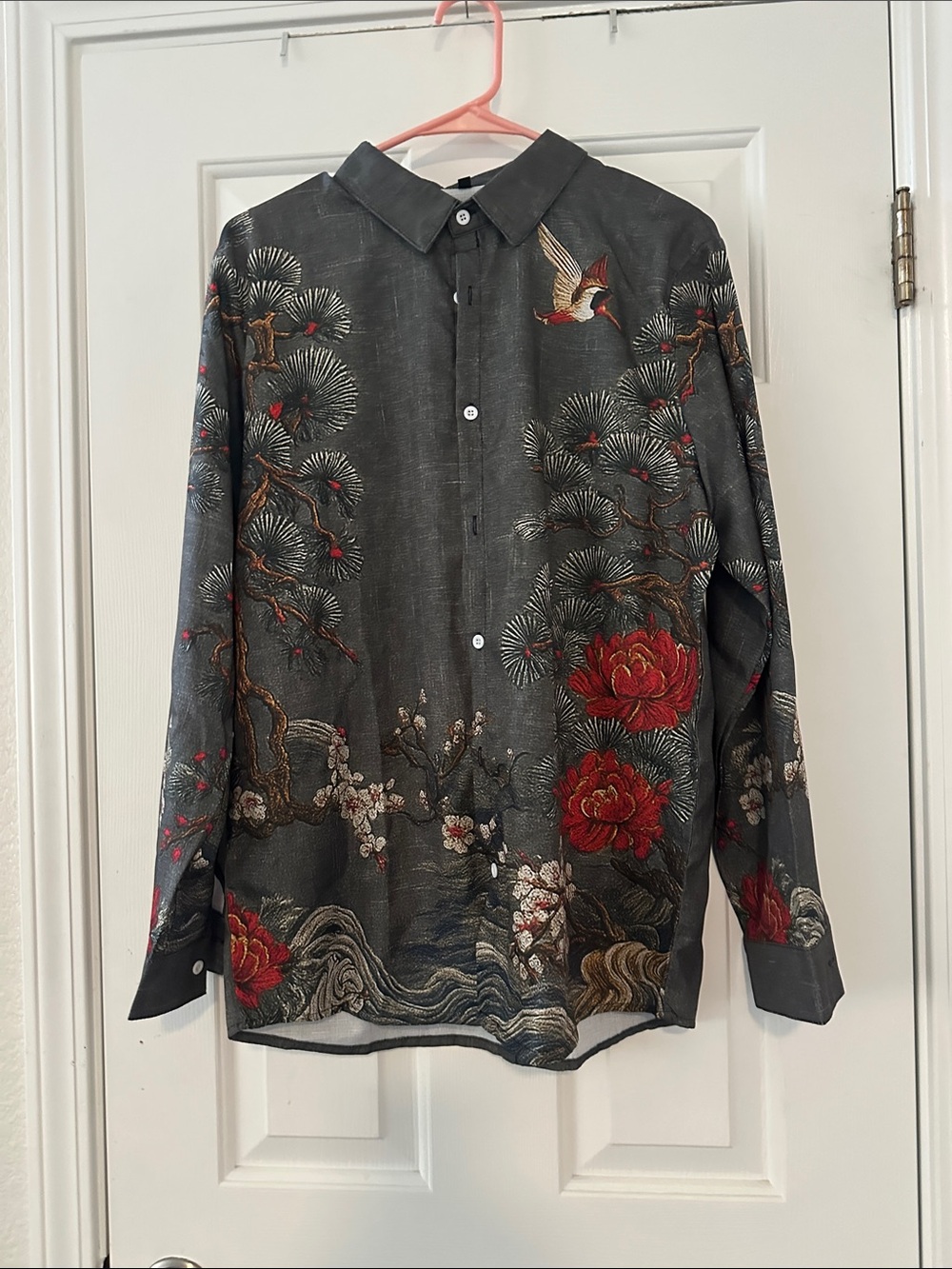 Embroidered Floral & Bird Dark Gray Men's Button-Up Shirt Jacket